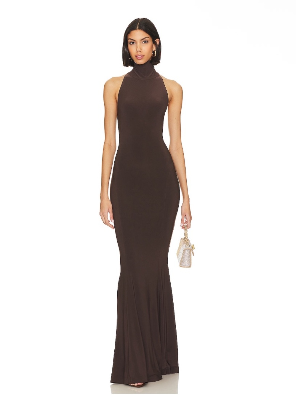 Norma Kamali Halter Turtle Fishtail Knit Stretchy Gown in Chocolate Brown Dress